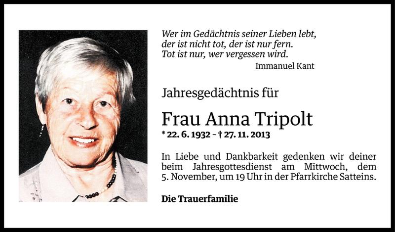  Todesanzeige für Anna Tripolt vom 30.10.2014 aus Vorarlberger Nachrichten