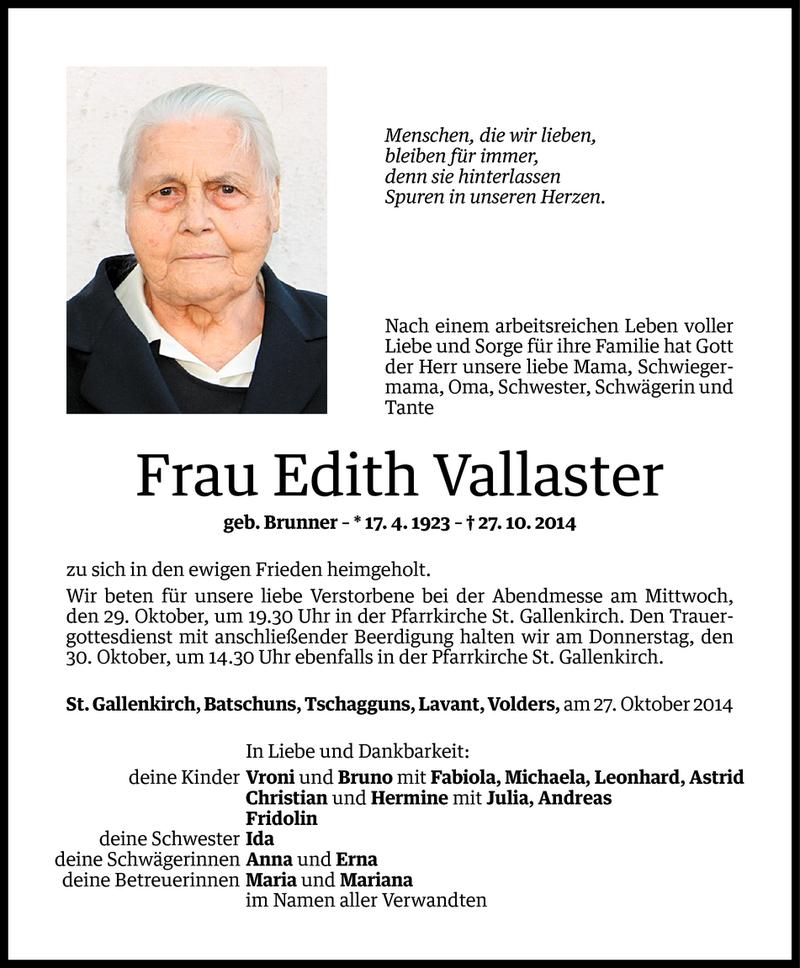  Todesanzeige für Edith Vallaster vom 28.10.2014 aus Vorarlberger Nachrichten