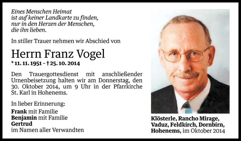  Todesanzeige für Franz Vogel vom 28.10.2014 aus Vorarlberger Nachrichten