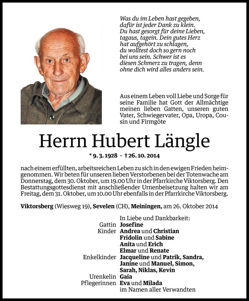  Todesanzeige für Hubert Längle vom 29.10.2014 aus Vorarlberger Nachrichten