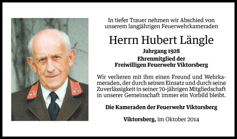  Todesanzeige für Hubert Längle vom 29.10.2014 aus Vorarlberger Nachrichten
