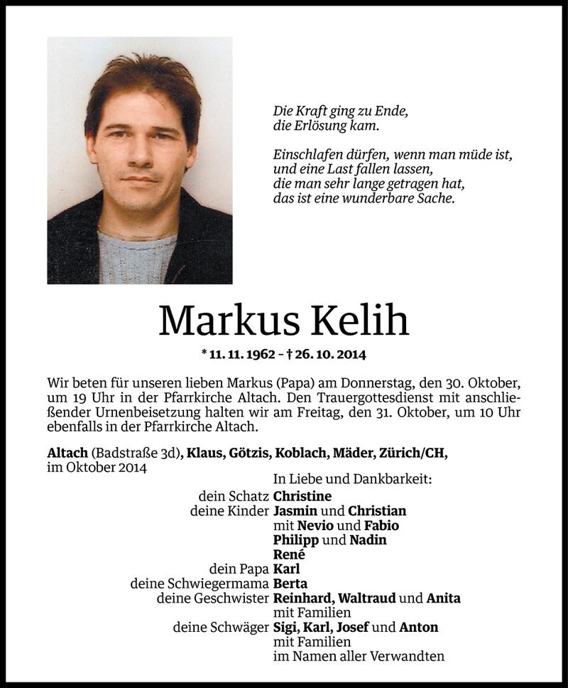  Todesanzeige für Markus Kelih vom 28.10.2014 aus Vorarlberger Nachrichten