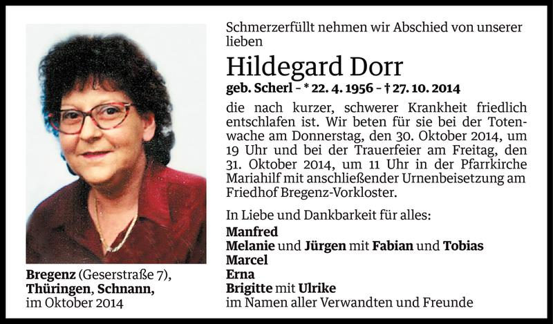  Todesanzeige für Hildegard Dorr vom 28.10.2014 aus Vorarlberger Nachrichten