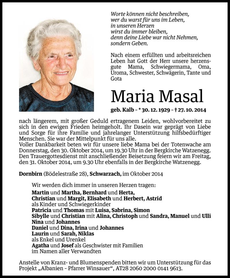  Todesanzeige für Maria Masal vom 28.10.2014 aus Vorarlberger Nachrichten