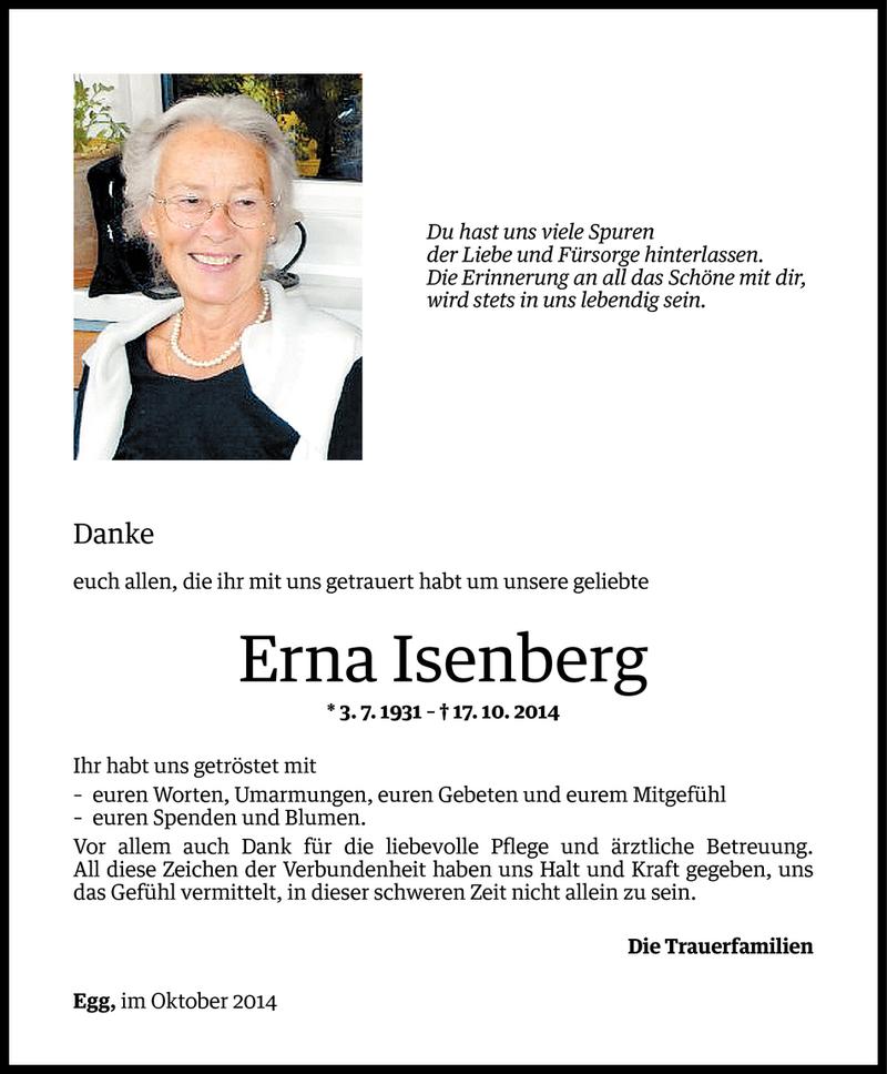  Todesanzeige für Erna Isenberg vom 29.10.2014 aus Vorarlberger Nachrichten