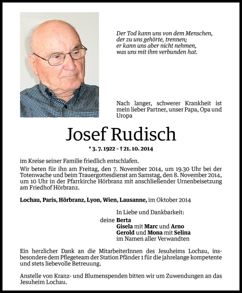  Todesanzeige für Josef Rudisch vom 30.10.2014 aus Vorarlberger Nachrichten