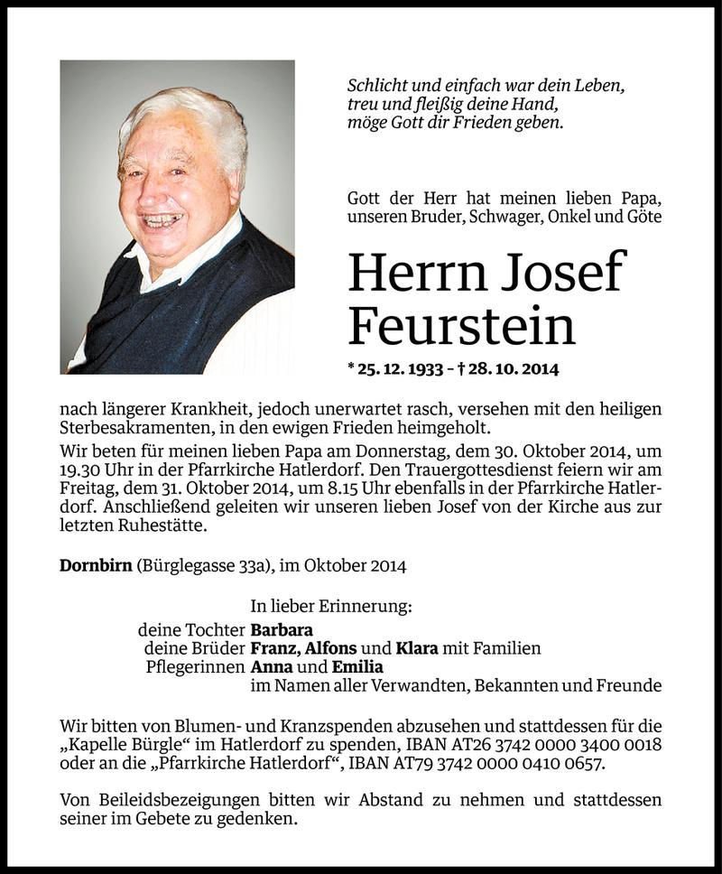  Todesanzeige für Josef Feurstein vom 29.10.2014 aus Vorarlberger Nachrichten