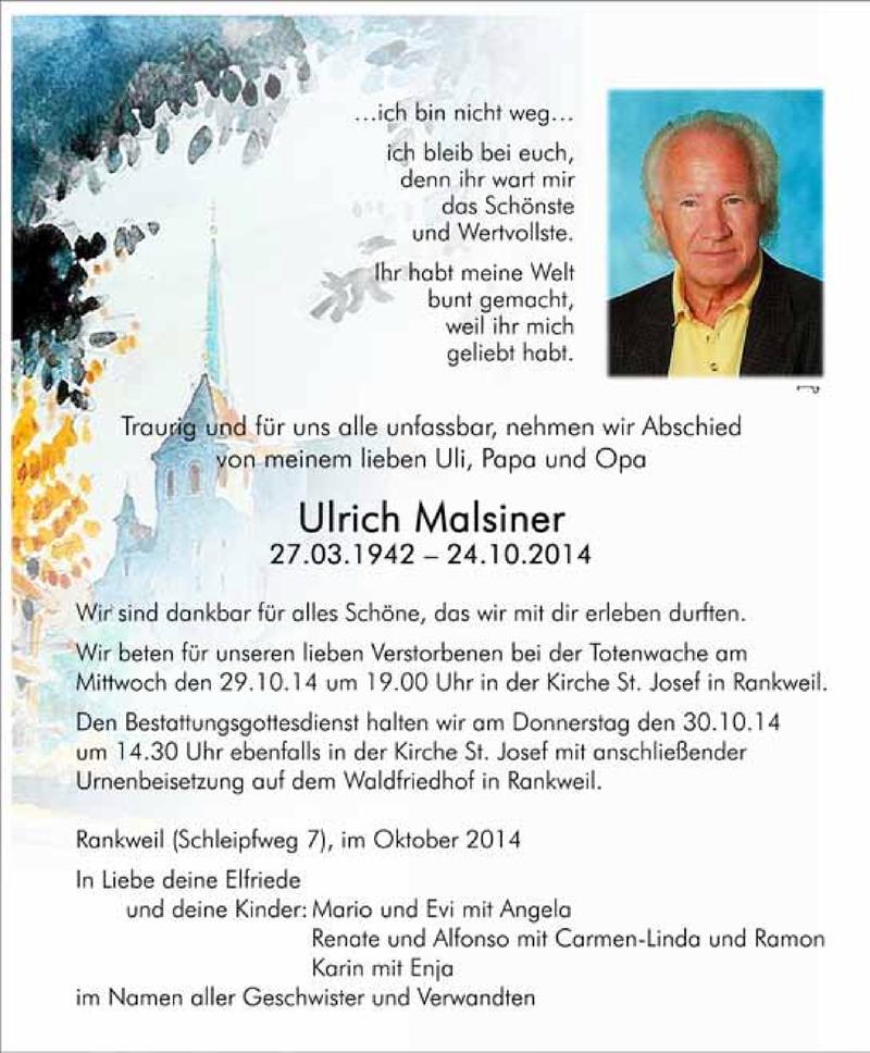  Todesanzeige für Ulrich Malsiner vom 30.10.2014 aus Vorarlberger Nachrichten