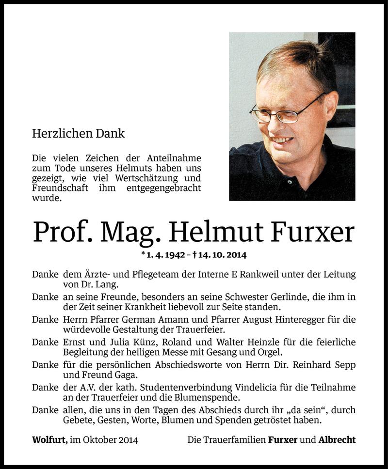  Todesanzeige für Helmut Furxer vom 30.10.2014 aus Vorarlberger Nachrichten