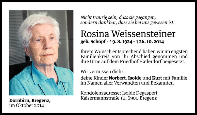  Todesanzeige für Rosina Weissensteiner vom 31.10.2014 aus Vorarlberger Nachrichten