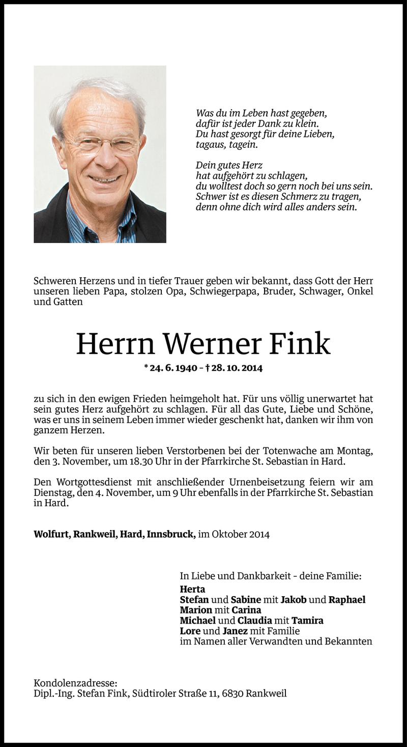  Todesanzeige für Werner Fink vom 30.10.2014 aus Vorarlberger Nachrichten