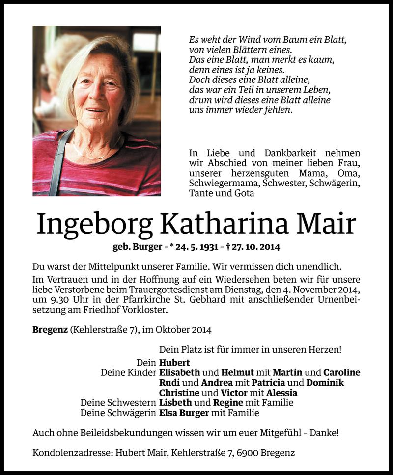  Todesanzeige für Ingeborg Katharina Mair vom 30.10.2014 aus Vorarlberger Nachrichten