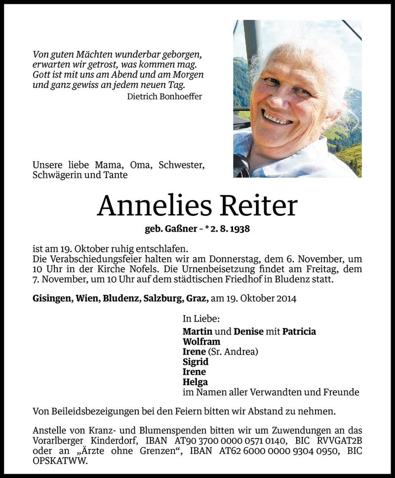  Todesanzeige für Annelies Reiter vom 02.11.2014 aus Vorarlberger Nachrichten