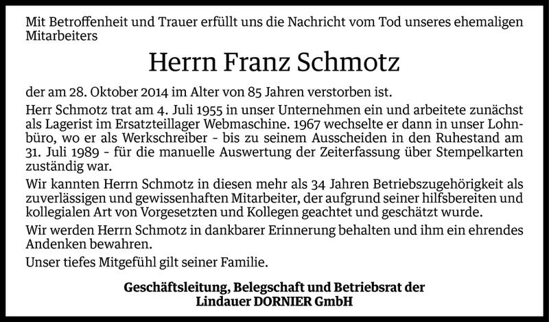  Todesanzeige für Franz Schmotz vom 03.11.2014 aus Vorarlberger Nachrichten