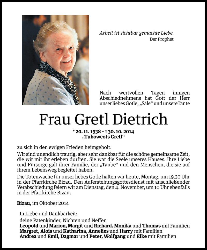  Todesanzeige für Gretl Dietrich vom 02.11.2014 aus Vorarlberger Nachrichten