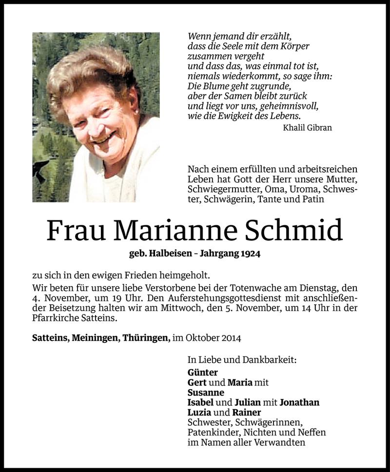  Todesanzeige für Marianne Schmid vom 02.11.2014 aus Vorarlberger Nachrichten