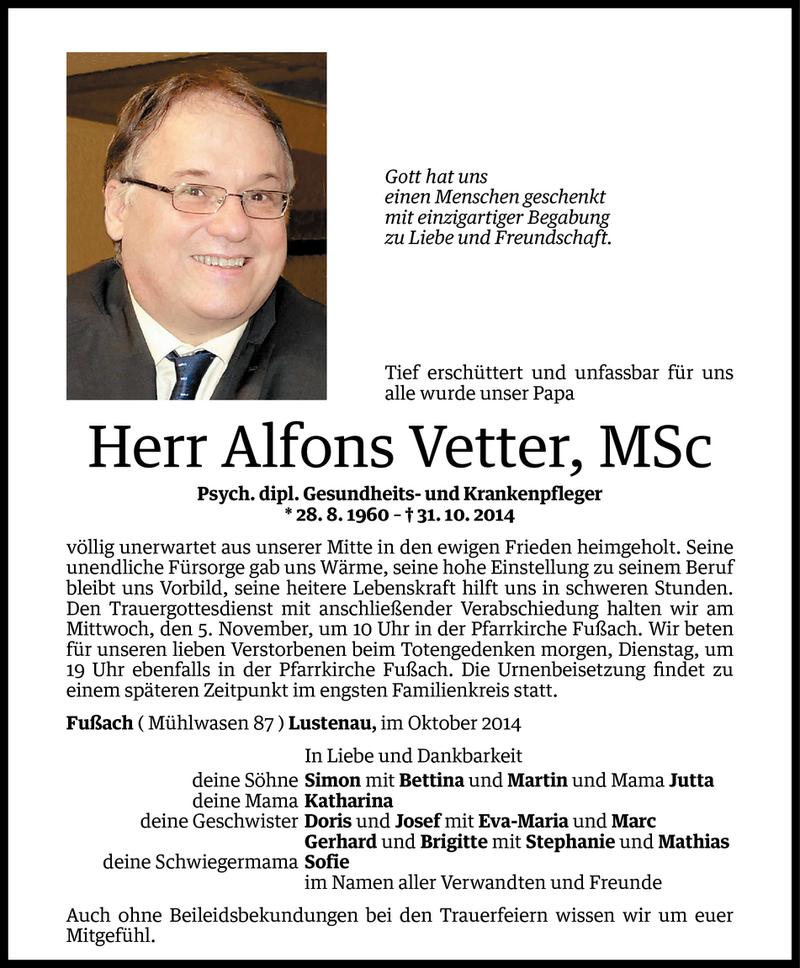  Todesanzeige für Alfons Vetter vom 02.11.2014 aus Vorarlberger Nachrichten