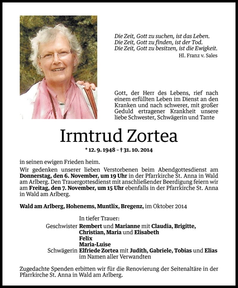  Todesanzeige für Irmtrud Zortea vom 05.11.2014 aus Vorarlberger Nachrichten