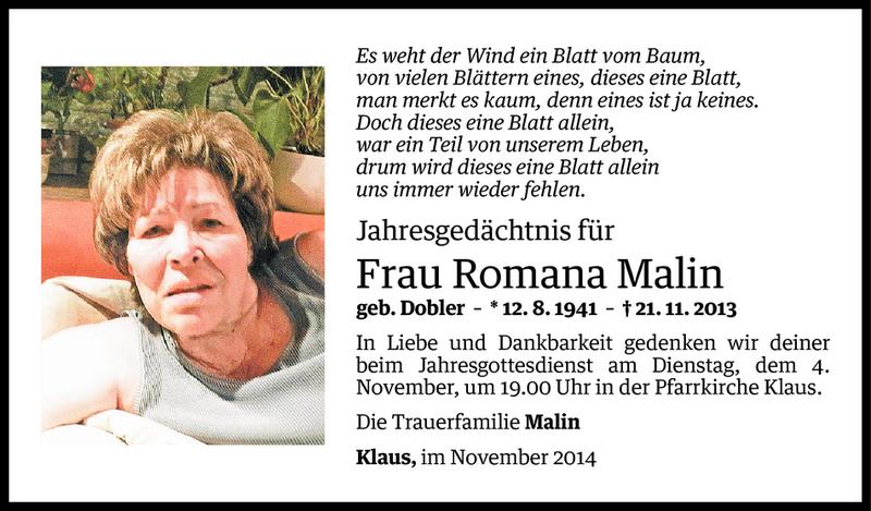  Todesanzeige für Romana Malin vom 04.11.2014 aus Vorarlberger Nachrichten