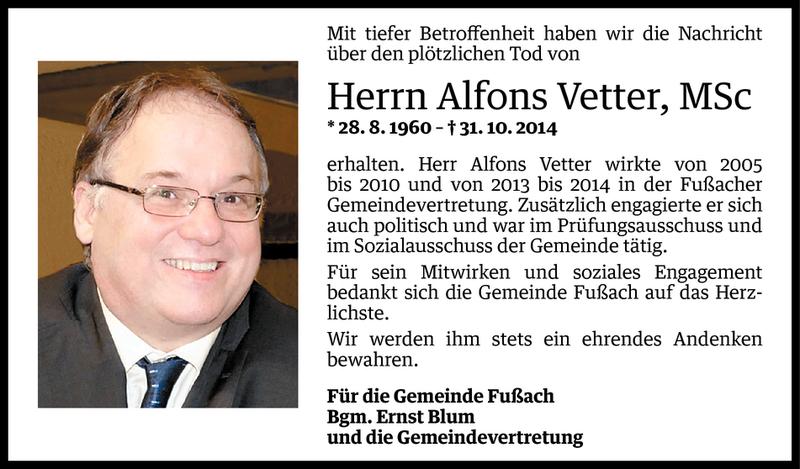  Todesanzeige für Alfons Vetter vom 03.11.2014 aus Vorarlberger Nachrichten