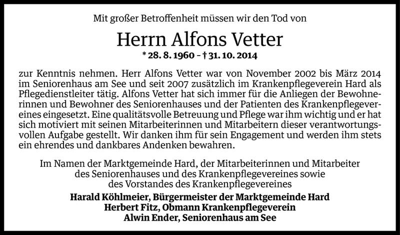  Todesanzeige für Alfons Vetter vom 03.11.2014 aus Vorarlberger Nachrichten