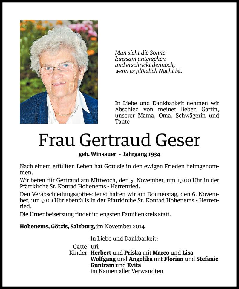  Todesanzeige für Gertraud Geser vom 04.11.2014 aus Vorarlberger Nachrichten