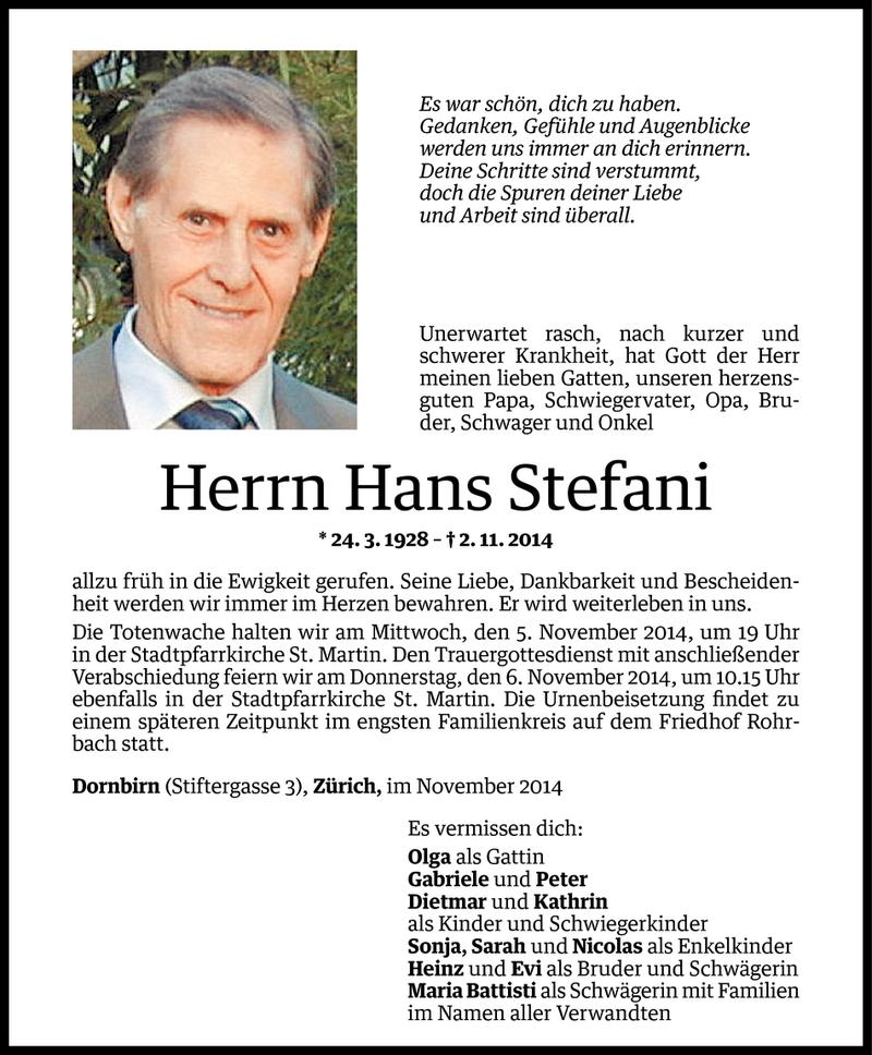  Todesanzeige für Hans Stefani vom 03.11.2014 aus Vorarlberger Nachrichten