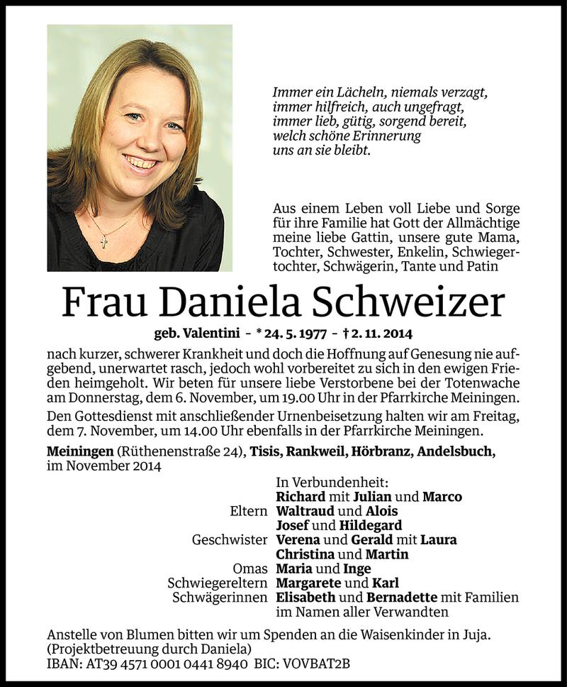  Todesanzeige für Daniela Schweizer vom 04.11.2014 aus Vorarlberger Nachrichten