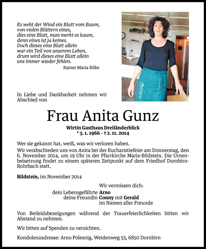  Todesanzeige für Anita Gunz vom 04.11.2014 aus Vorarlberger Nachrichten