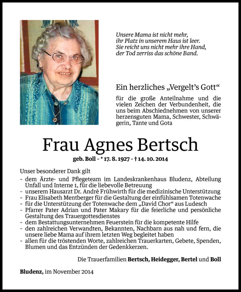  Todesanzeige für Agnes Bertsch vom 06.11.2014 aus Vorarlberger Nachrichten