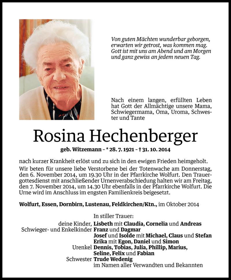  Todesanzeige für Rosina Hechenberger vom 04.11.2014 aus Vorarlberger Nachrichten