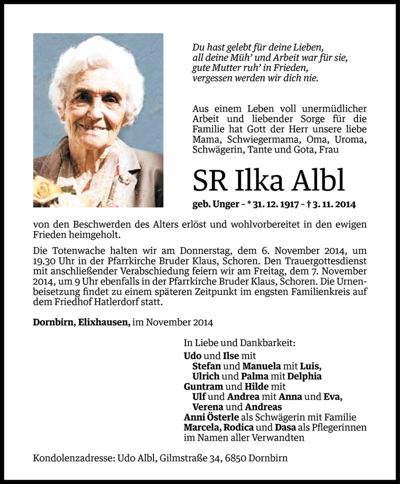  Todesanzeige für Ilka Albl vom 04.11.2014 aus Vorarlberger Nachrichten