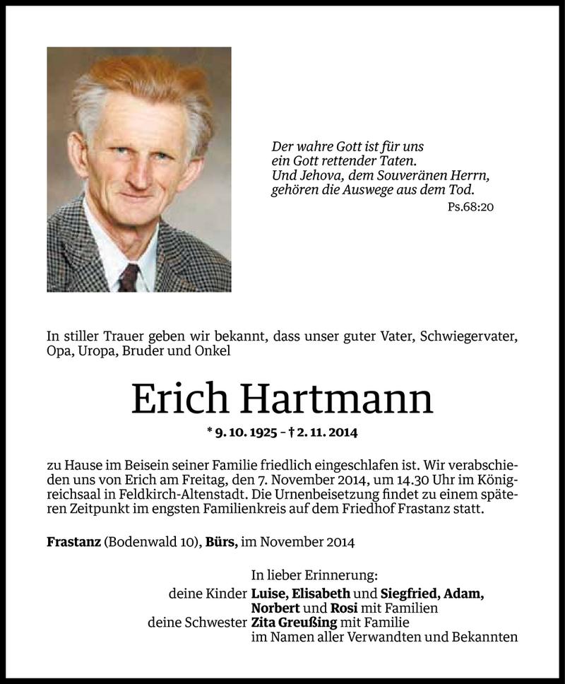  Todesanzeige für Erich Hartmann vom 04.11.2014 aus Vorarlberger Nachrichten