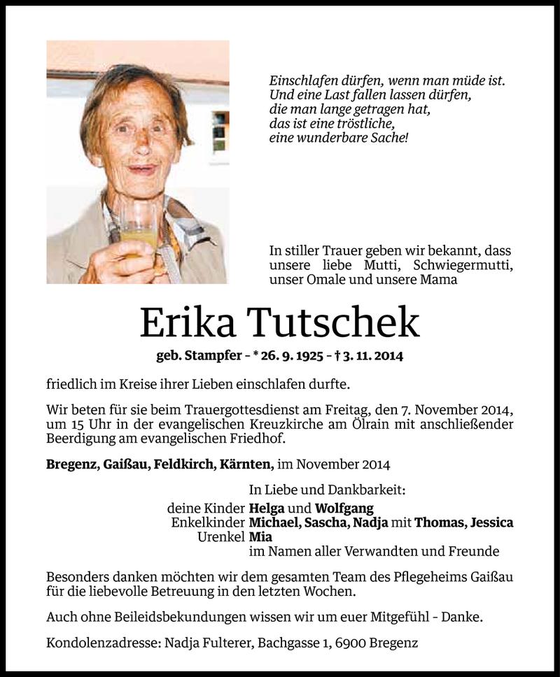  Todesanzeige für Erika Tutschek vom 04.11.2014 aus Vorarlberger Nachrichten