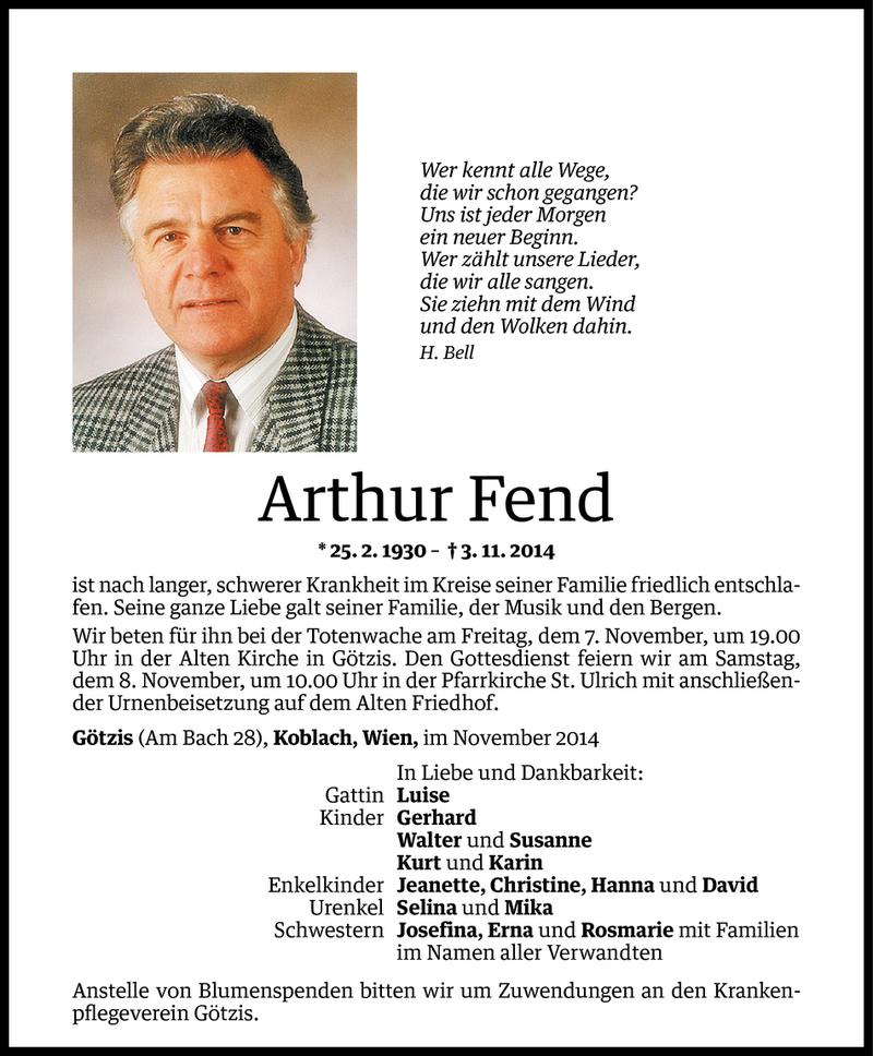  Todesanzeige für Arthur Fend vom 05.11.2014 aus Vorarlberger Nachrichten