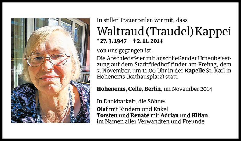  Todesanzeige für Waltraud Kappei vom 05.11.2014 aus Vorarlberger Nachrichten