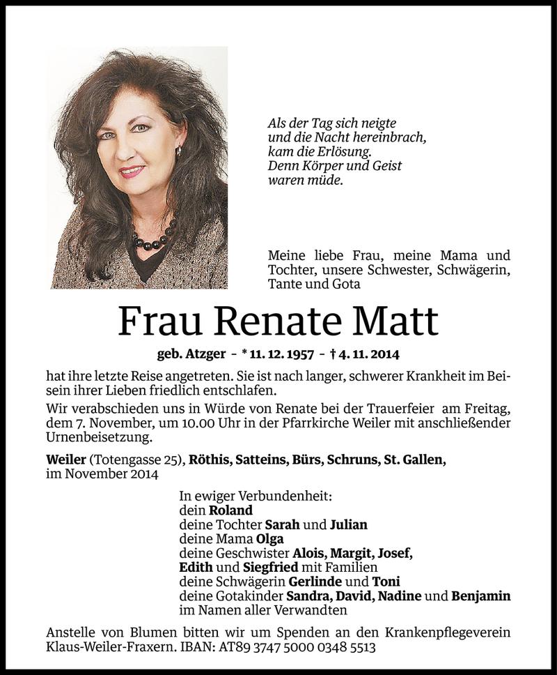  Todesanzeige für Renate Matt vom 05.11.2014 aus Vorarlberger Nachrichten