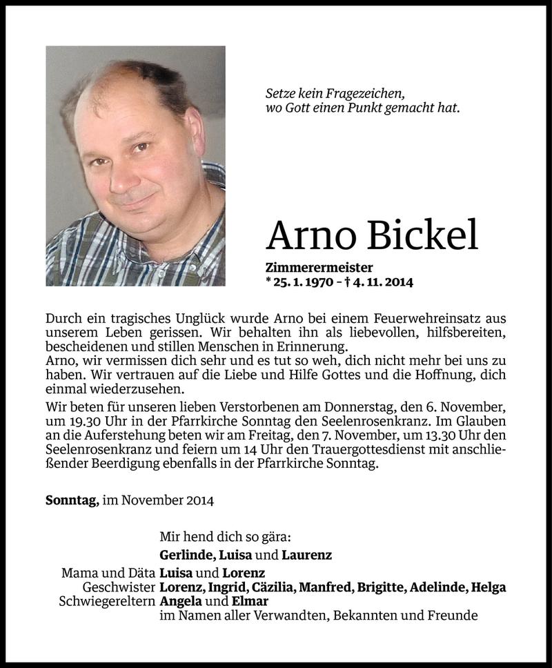  Todesanzeige für Arno Bickel vom 05.11.2014 aus Vorarlberger Nachrichten