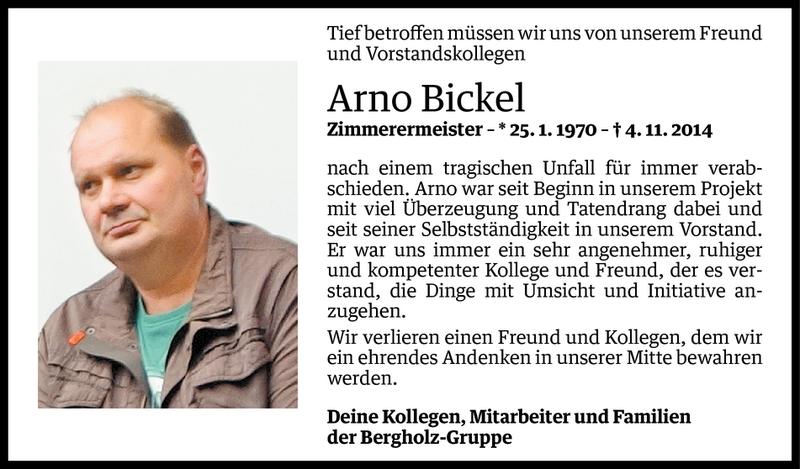  Todesanzeige für Arno Bickel vom 05.11.2014 aus Vorarlberger Nachrichten