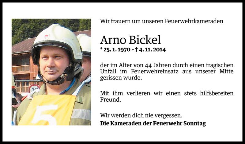  Todesanzeige für Arno Bickel vom 05.11.2014 aus Vorarlberger Nachrichten