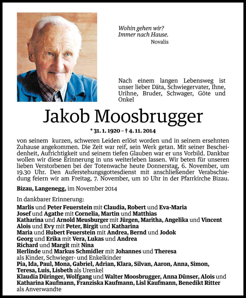  Todesanzeige für Jakob Moosbrugger vom 05.11.2014 aus Vorarlberger Nachrichten