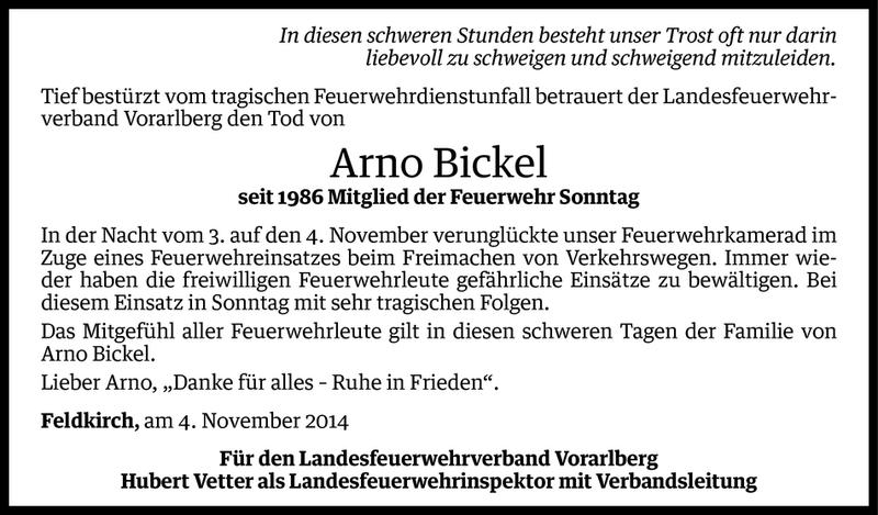  Todesanzeige für Arno Bickel vom 05.11.2014 aus Vorarlberger Nachrichten