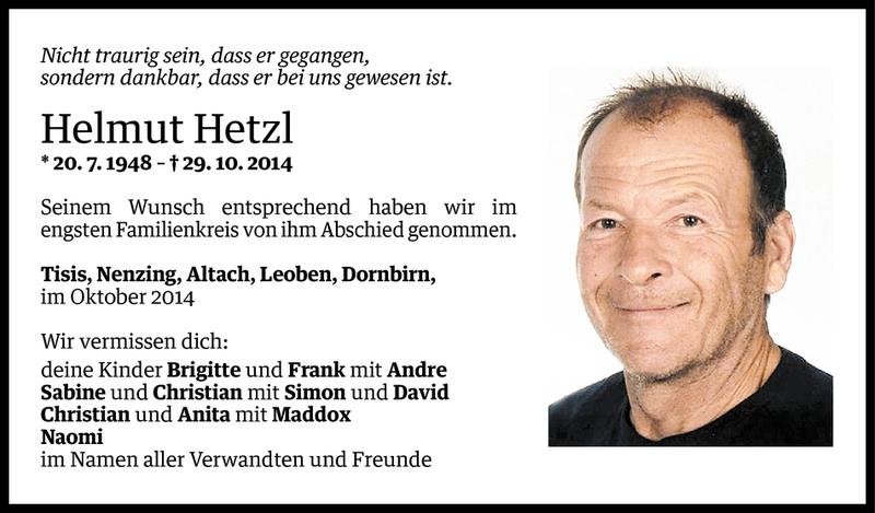  Todesanzeige für Helmut Hetzl vom 07.11.2014 aus Vorarlberger Nachrichten