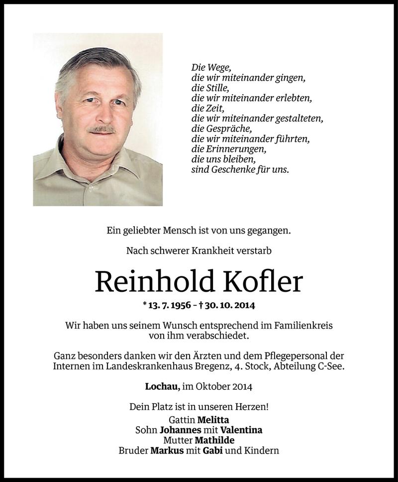  Todesanzeige für Reinhold Kofler vom 08.11.2014 aus Vorarlberger Nachrichten