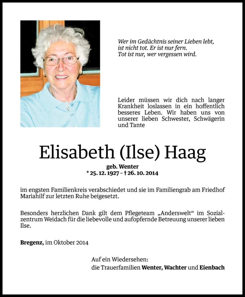  Todesanzeige für Elisabeth Haag vom 08.11.2014 aus Vorarlberger Nachrichten
