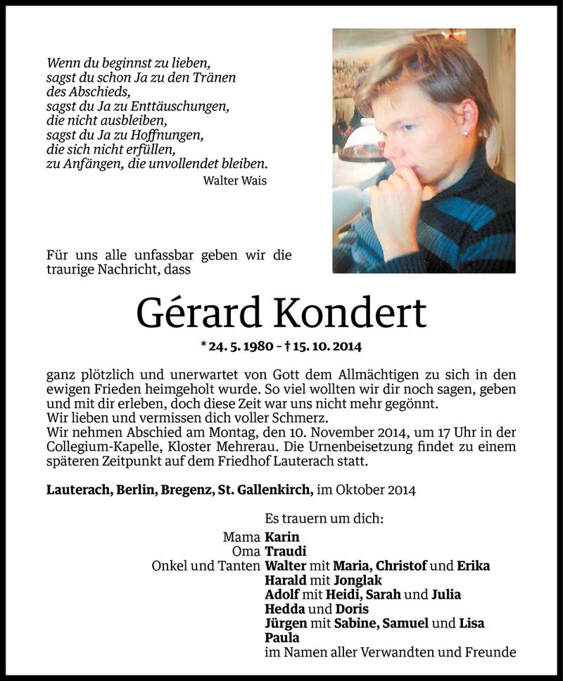  Todesanzeige für Gerard Kondert vom 06.11.2014 aus Vorarlberger Nachrichten