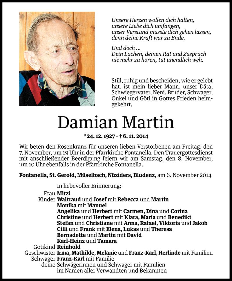  Todesanzeige für Damian Martin vom 06.11.2014 aus Vorarlberger Nachrichten