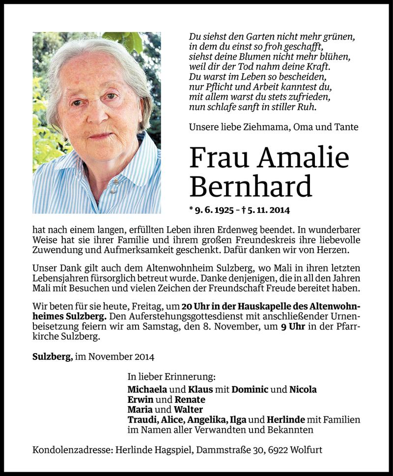  Todesanzeige für Amalie Bernhard vom 06.11.2014 aus Vorarlberger Nachrichten