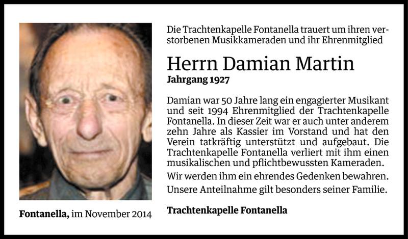  Todesanzeige für Damian Martin vom 06.11.2014 aus Vorarlberger Nachrichten