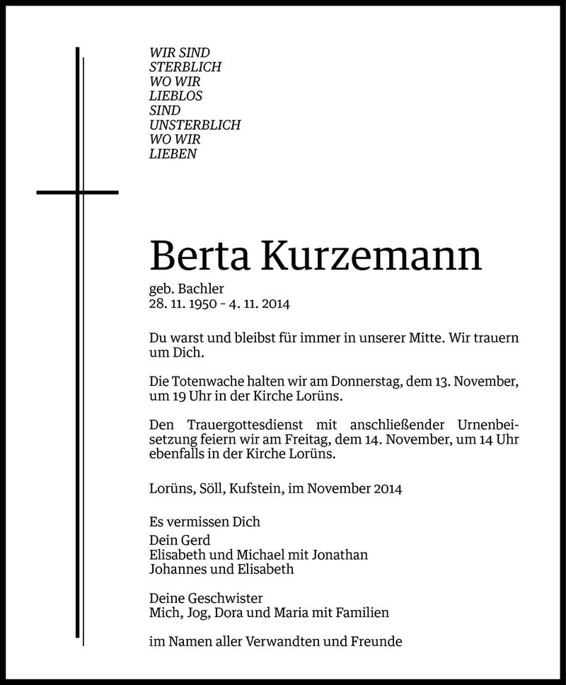  Todesanzeige für Berta Kurzemann vom 11.11.2014 aus Vorarlberger Nachrichten
